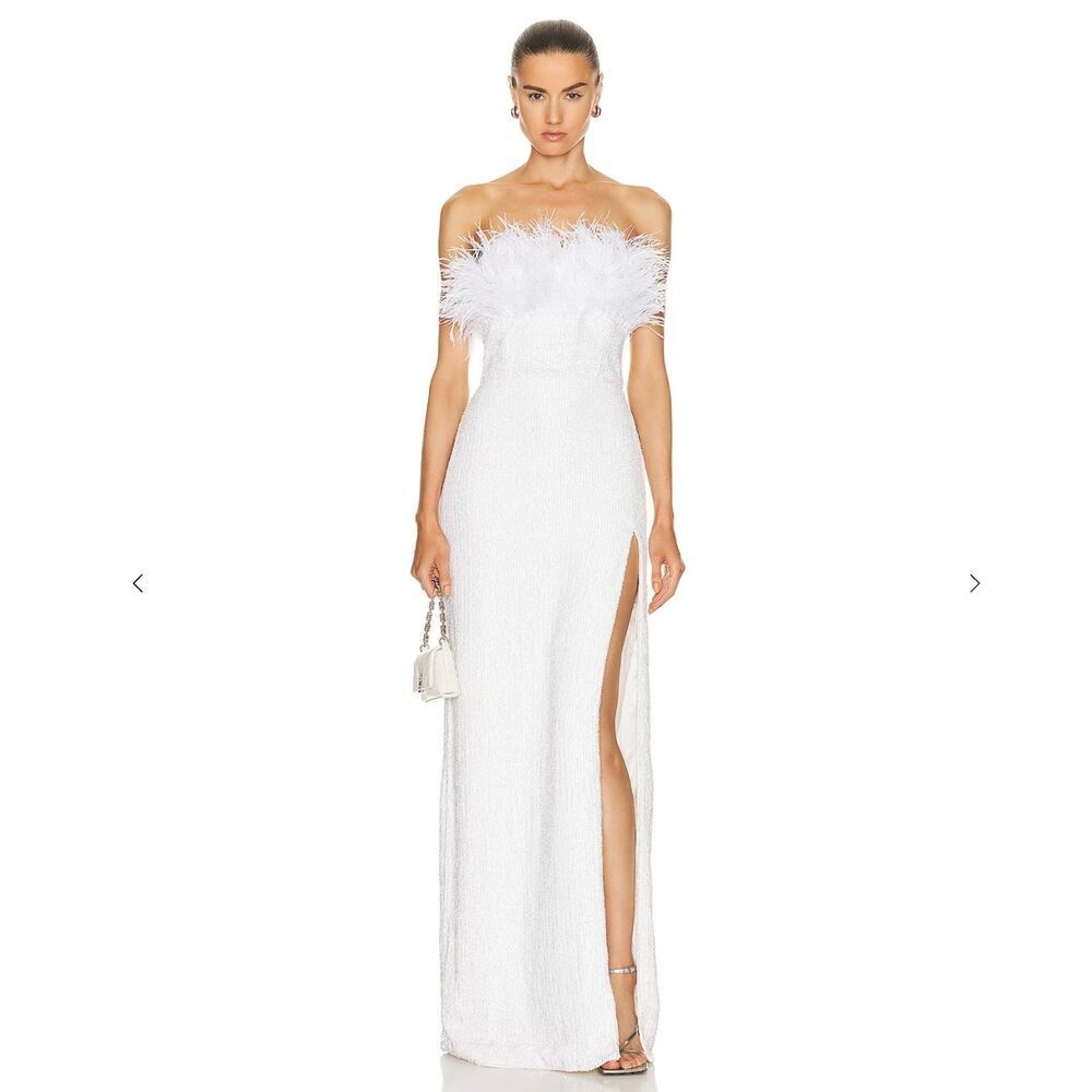 NWT Retrofete Dolly Sequin Feather Trim Strapless Maxi Dress Small